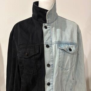 Large Men's Denim Jacket -Forever 21 Men's Two Tone Button-Down Denim Jacket